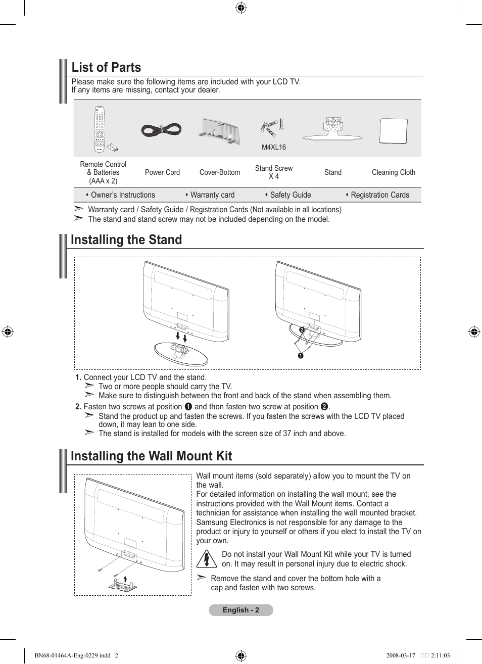 Conecting and preparing your tv, List of parts, Installing the stand | Installing the wall mount kit, Installing the stand installing the wall mount kit | Samsung LE32A436T1D User Manual | Page 4 / 468