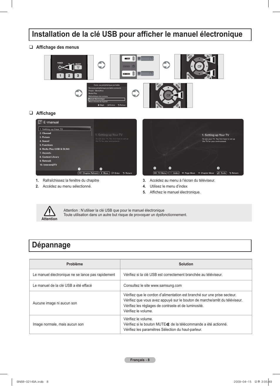 경고 주의 경고 주의, Dépannage, Affichage des menus affichage | Samsung PS58B850Y1P User Manual | Page 26 / 95