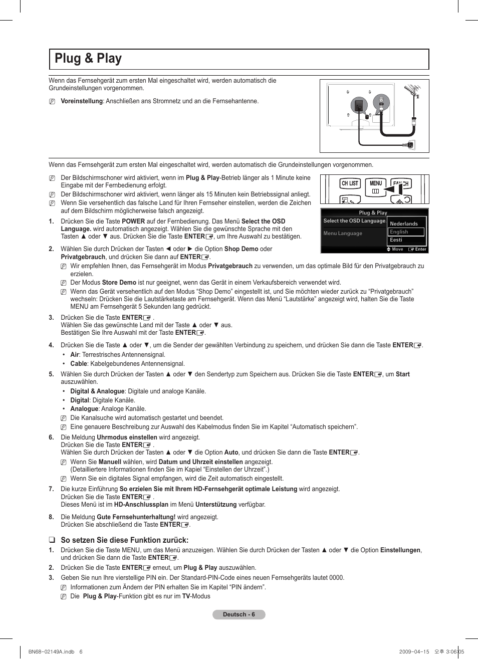 Plug & play, Vol ch, Chlist menu fav.ch p.size mts srs p.mode cc s.mode | Samsung PS58B850Y1P User Manual | Page 33 / 95