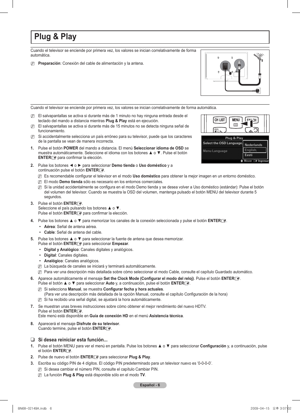 Plug & play, Vol ch, Chlist menu fav.ch p.size mts srs p.mode cc s.mode | Samsung PS58B850Y1P User Manual | Page 61 / 95