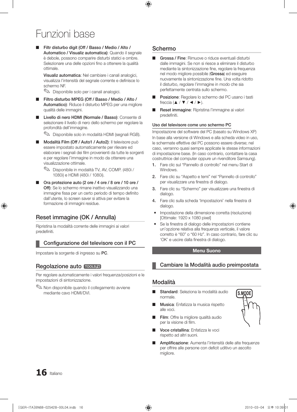 Funzioni base, Reset immagine (ok / annulla), Regolazione auto | Schermo, Modalità | Samsung LE46C550J1W User Manual | Page 130 / 155