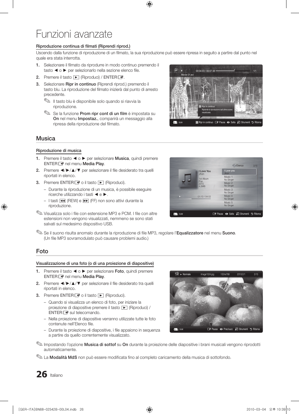 Funzioni avanzate, Musica, Foto | Samsung LE46C550J1W User Manual | Page 140 / 155