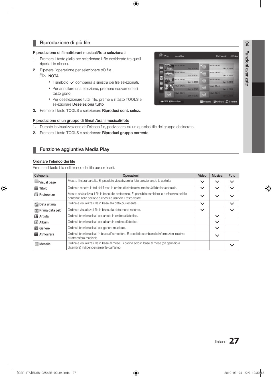 Riproduzione di più file, Funzione aggiuntiva media play | Samsung LE46C550J1W User Manual | Page 141 / 155