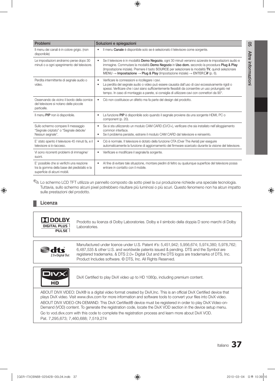 Licenza | Samsung LE46C550J1W User Manual | Page 151 / 155