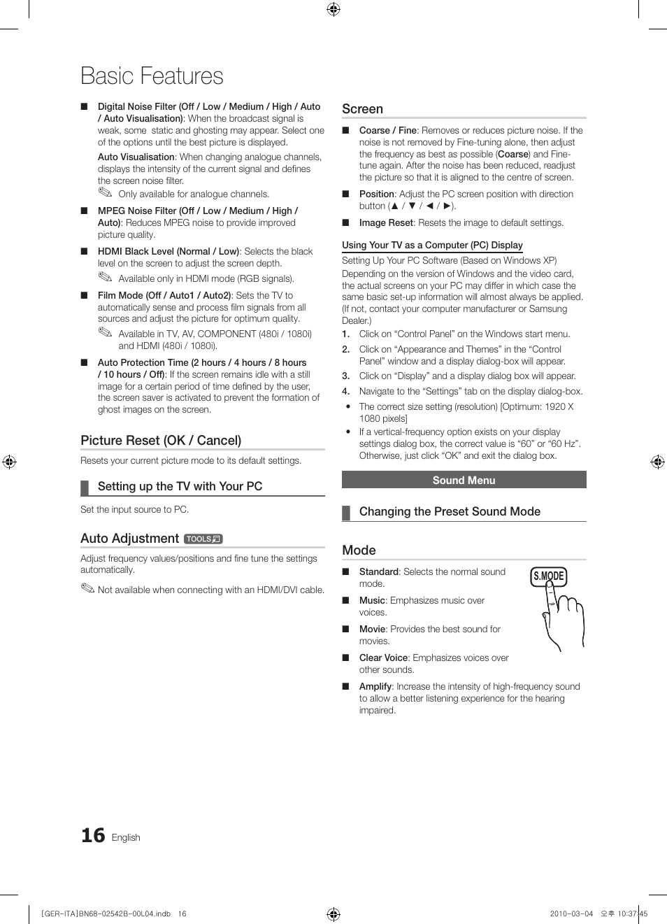 Sound menu, Basic features, Picture reset (ok / cancel) | Auto adjustment, Screen, Mode | Samsung LE46C550J1W User Manual | Page 16 / 155