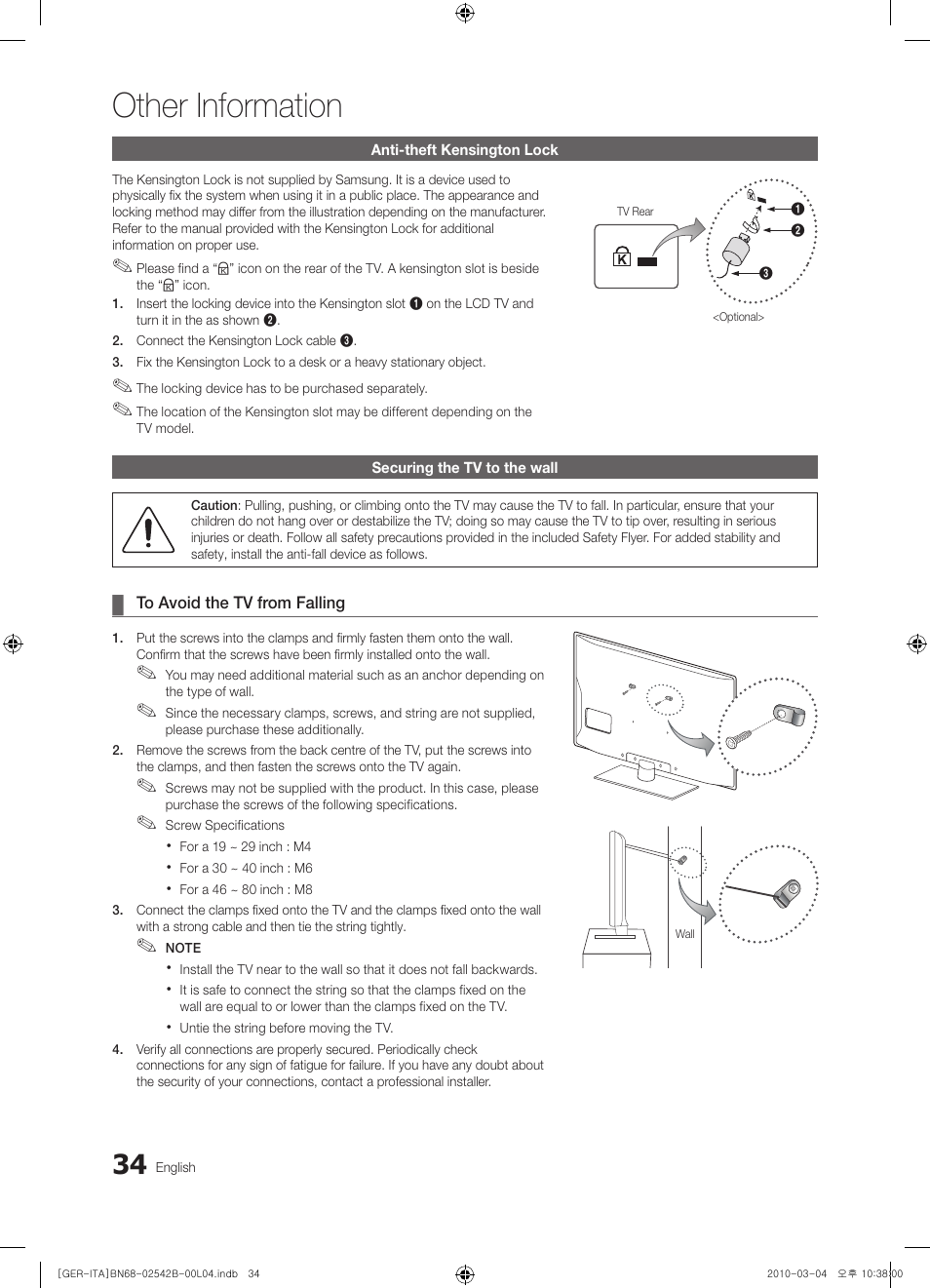 Anti-theft kensington lock, Securing the tv to the wall, Other information | Samsung LE46C550J1W User Manual | Page 34 / 155