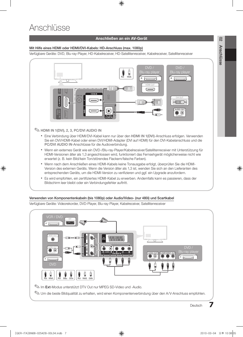 Anschlüsse, 02 anschlüsse, Anschließen an ein av-gerät | Samsung LE46C550J1W User Manual | Page 45 / 155