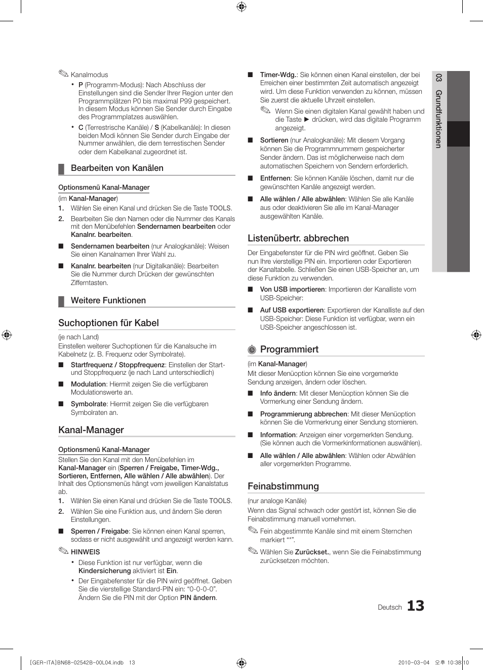 Suchoptionen für kabel, Kanal-manager, Listenübertr. abbrechen | Programmiert, Feinabstimmung | Samsung LE46C550J1W User Manual | Page 51 / 155