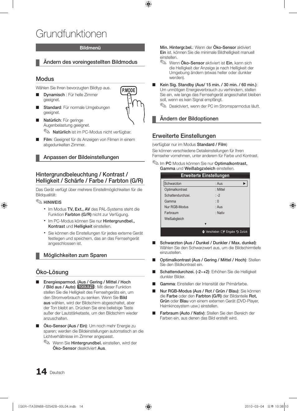 Grundfunktionen, Modus, Öko-lösung | Erweiterte einstellungen | Samsung LE46C550J1W User Manual | Page 52 / 155