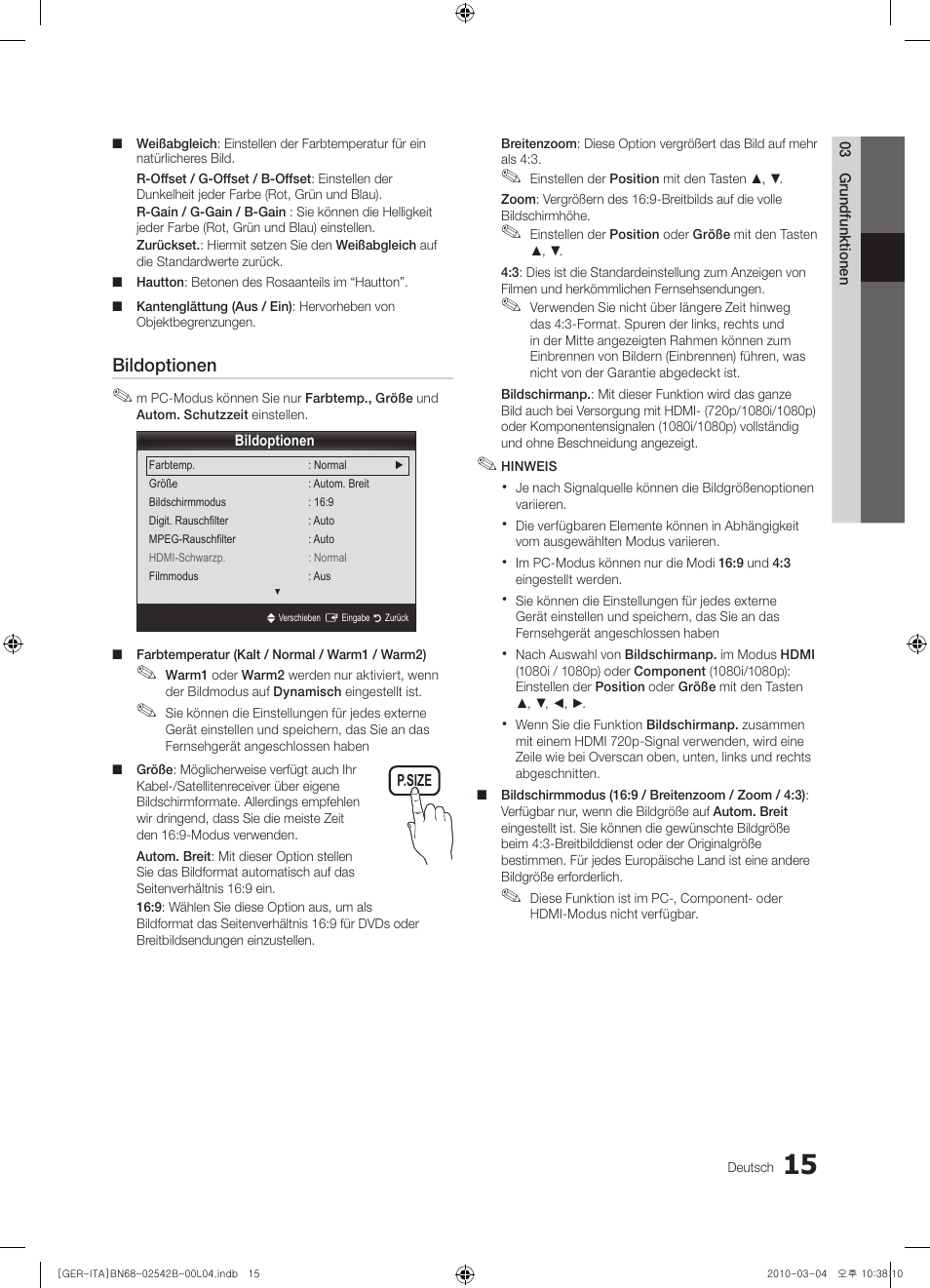 Bildoptionen | Samsung LE46C550J1W User Manual | Page 53 / 155