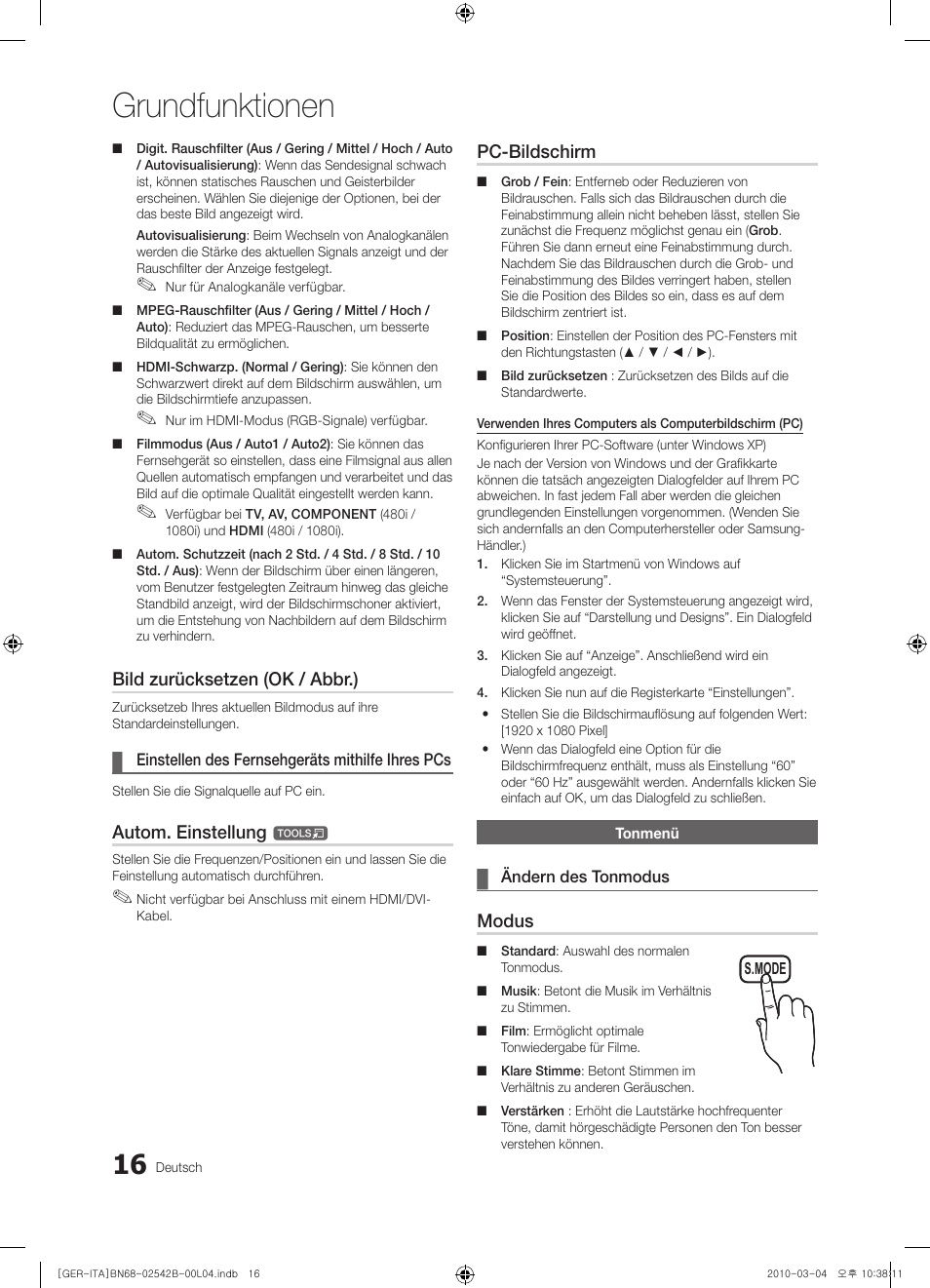 Grundfunktionen, Bild zurücksetzen (ok / abbr.), Autom. einstellung | Pc-bildschirm, Modus | Samsung LE46C550J1W User Manual | Page 54 / 155