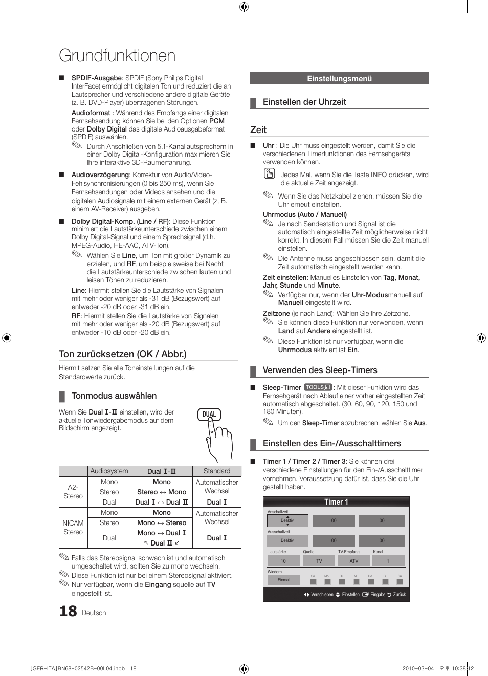 Grundfunktionen, Ton zurücksetzen (ok / abbr.), Zeit | Samsung LE46C550J1W User Manual | Page 56 / 155