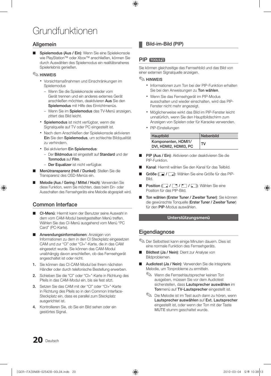 Grundfunktionen, Allgemein, Common interface | Eigendiagnose | Samsung LE46C550J1W User Manual | Page 58 / 155