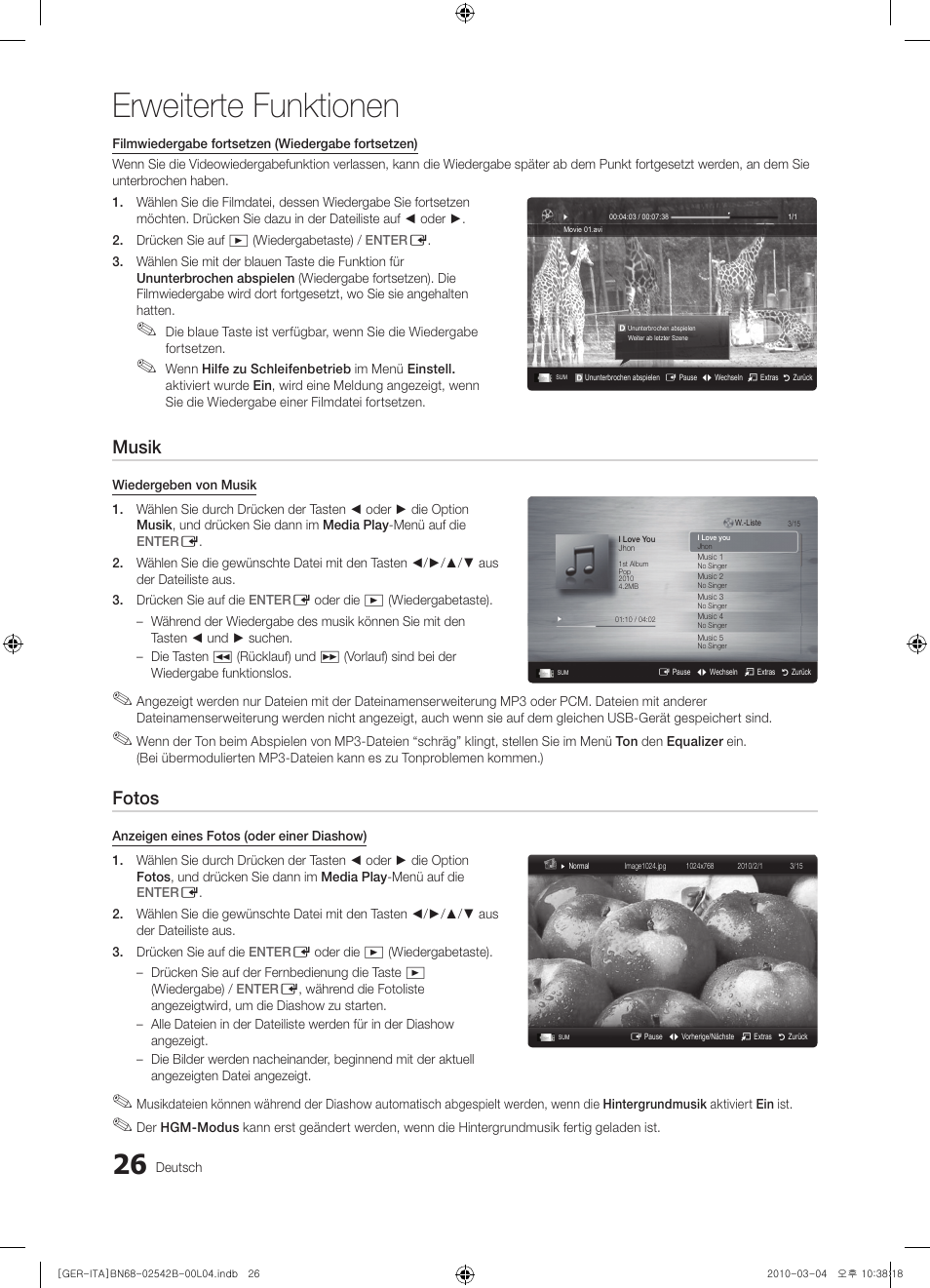 Erweiterte funktionen, Musik, Fotos | Samsung LE46C550J1W User Manual | Page 64 / 155