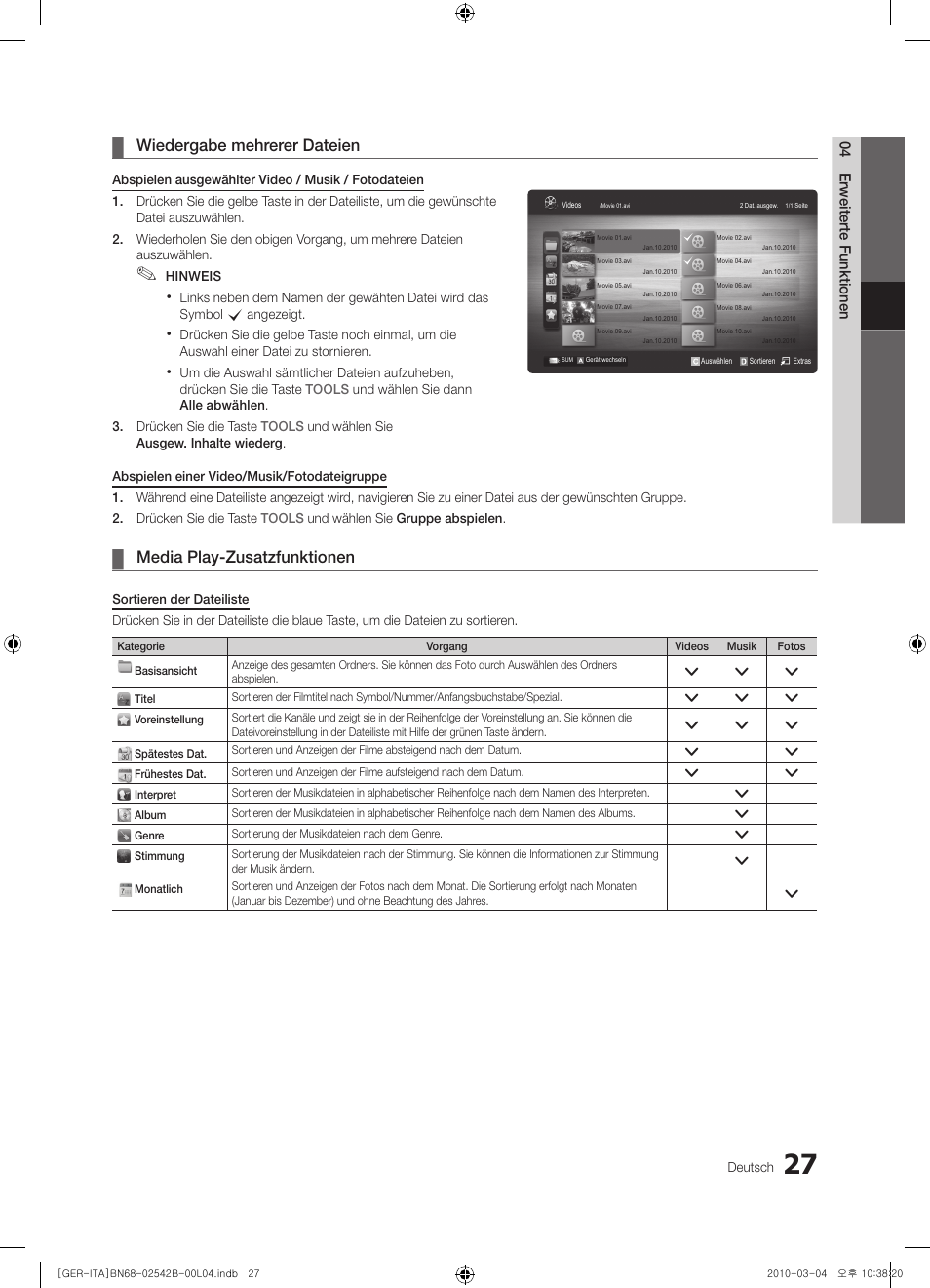 Wiedergabe mehrerer dateien, Media play-zusatzfunktionen | Samsung LE46C550J1W User Manual | Page 65 / 155