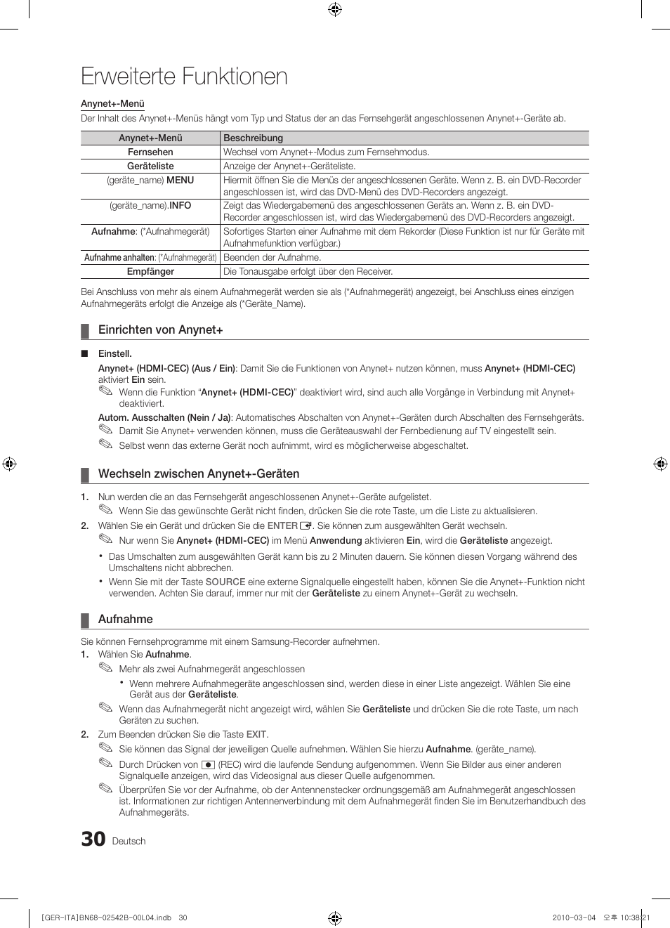 Erweiterte funktionen | Samsung LE46C550J1W User Manual | Page 68 / 155