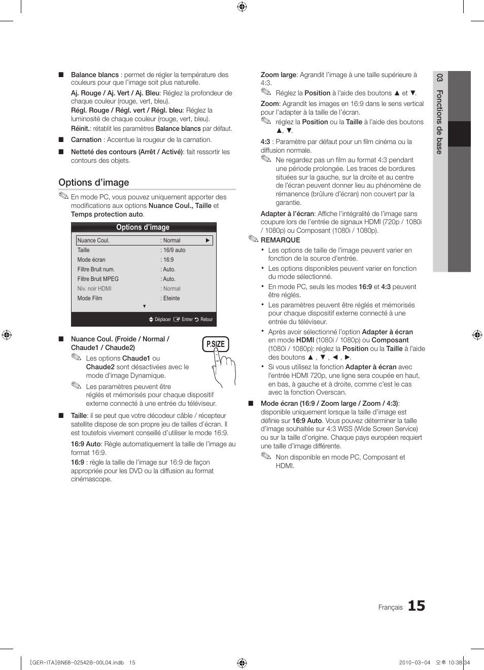 Options d’image | Samsung LE46C550J1W User Manual | Page 91 / 155
