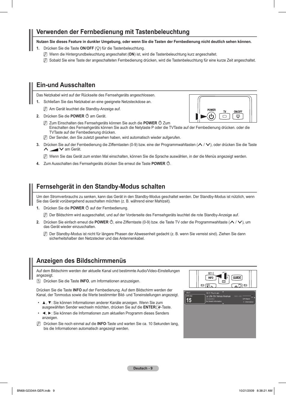 Verwenden der fernbedienung mit tastenbeleuchtung, Ein-und ausschalten, Fernsehgerät in den standby-modus schalten | Anzeigen des bildschirmmenüs | Samsung PS58B850Y1P User Manual | Page 162 / 655