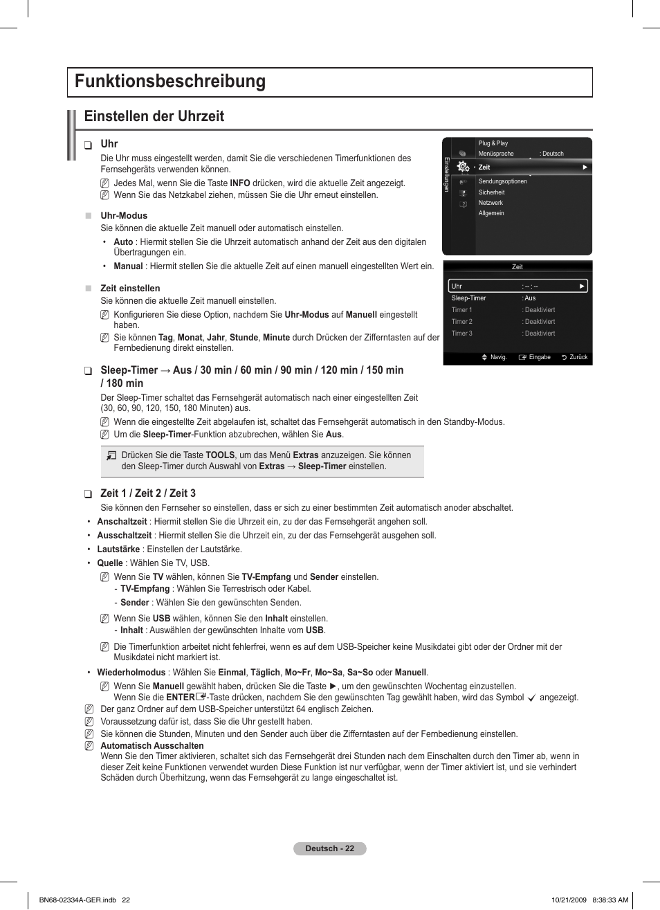 Funktionsbeschreibung, Einstellen der uhrzeit | Samsung PS58B850Y1P User Manual | Page 175 / 655