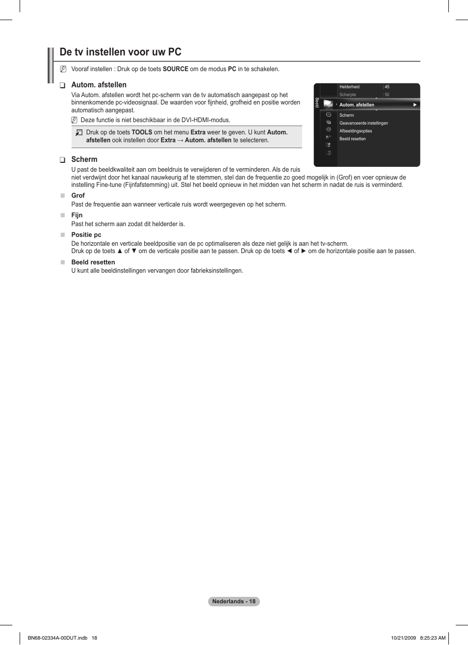 De tv instellen voor uw pc, Autom. afstellen, Scherm | Samsung PS58B850Y1P User Manual | Page 242 / 655