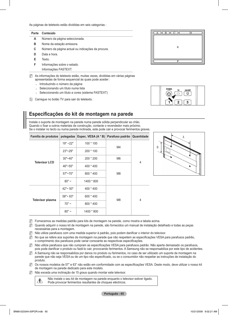 Especificações do kit de montagem na parede | Samsung PS58B850Y1P User Manual | Page 503 / 655