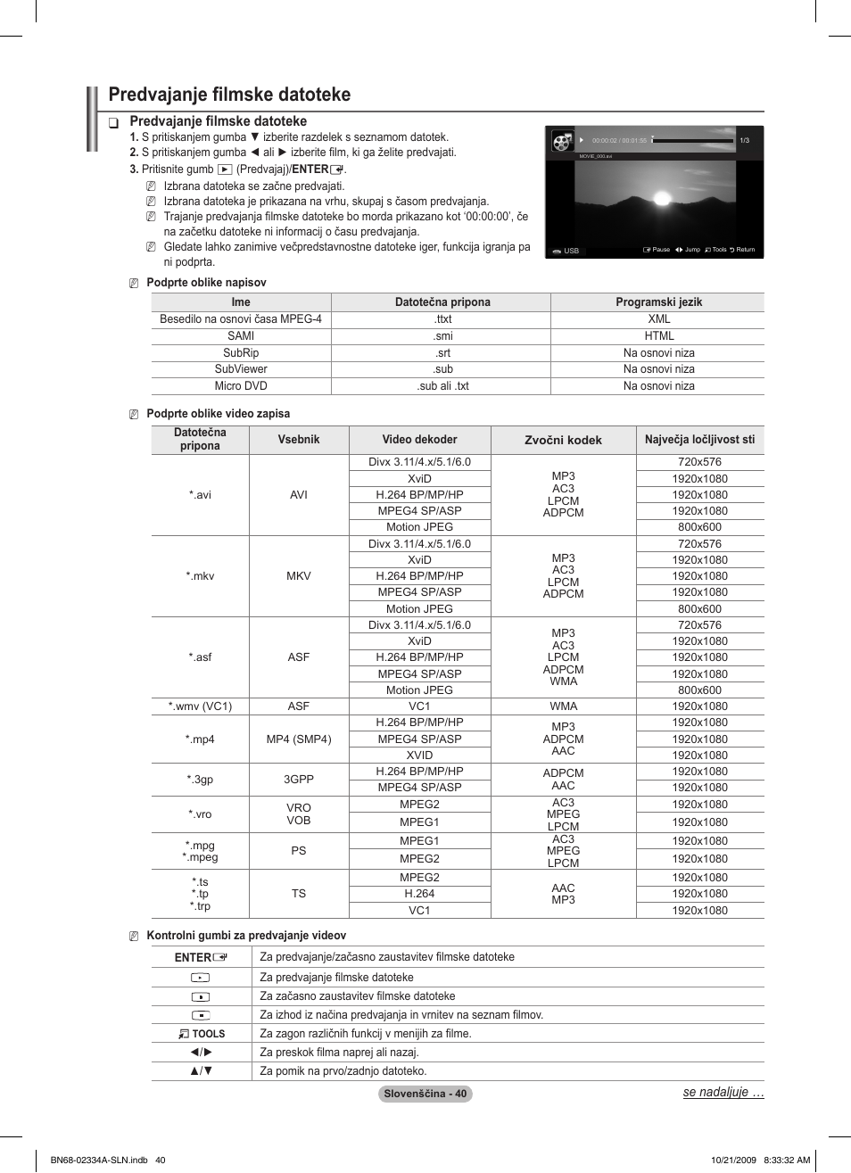 Predvajanje filmske datoteke | Samsung PS58B850Y1P User Manual | Page 549 / 655
