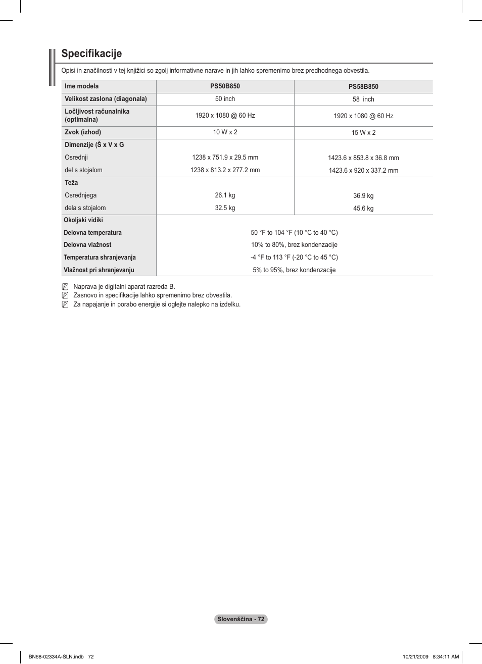 Specifikacije | Samsung PS58B850Y1P User Manual | Page 581 / 655