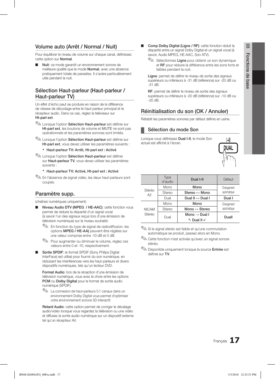 Volume auto (arrêt / normal / nuit), Paramètre supp, Réinitialisation du son (ok / annuler) | Samsung LE37C550J1W User Manual | Page 113 / 194