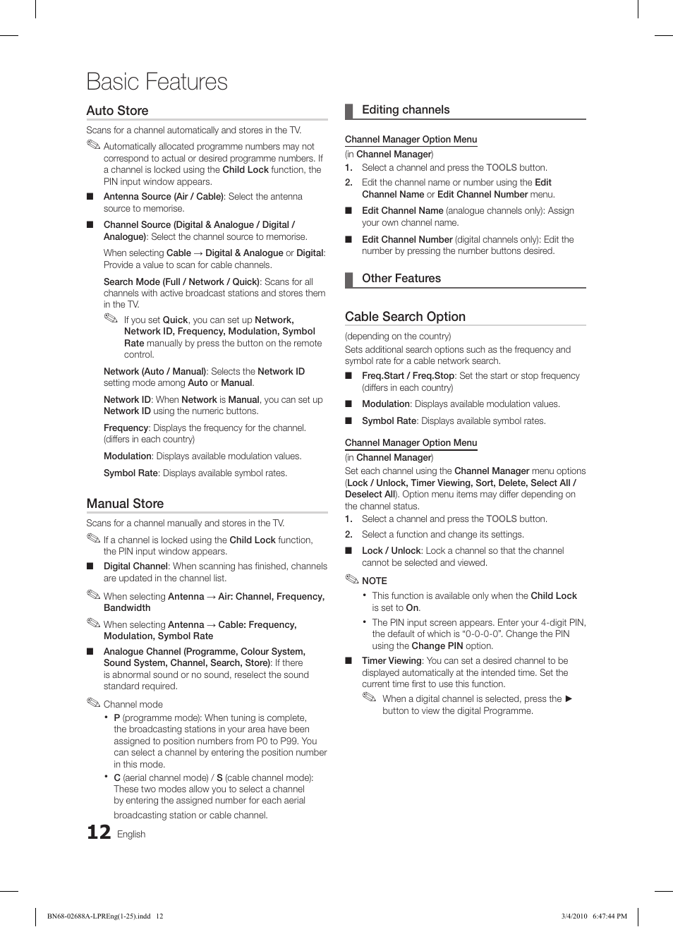 Basic features | Samsung LE37C550J1W User Manual | Page 12 / 194