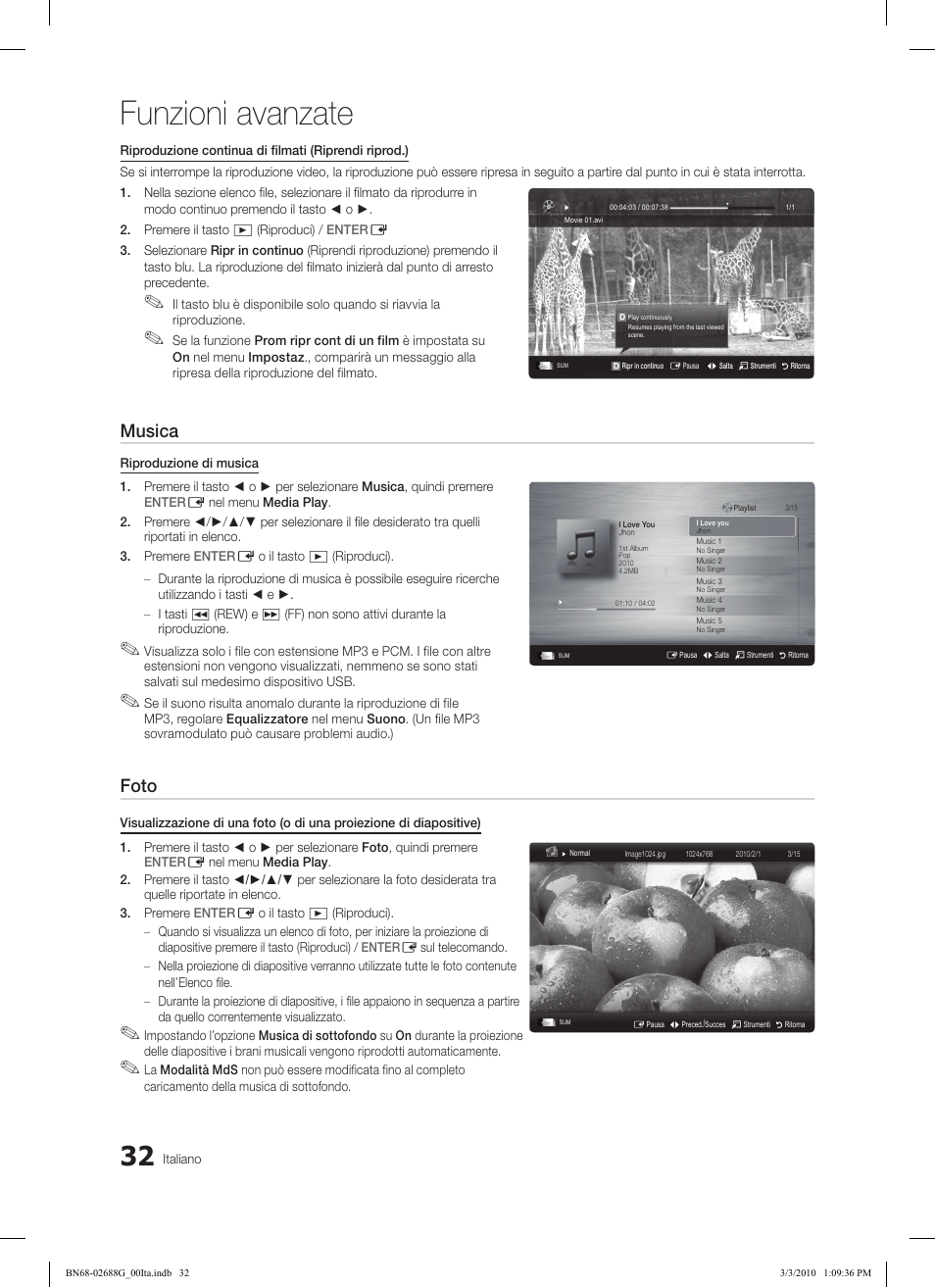 Funzioni avanzate, Musica, Foto | Samsung LE37C550J1W User Manual | Page 176 / 194