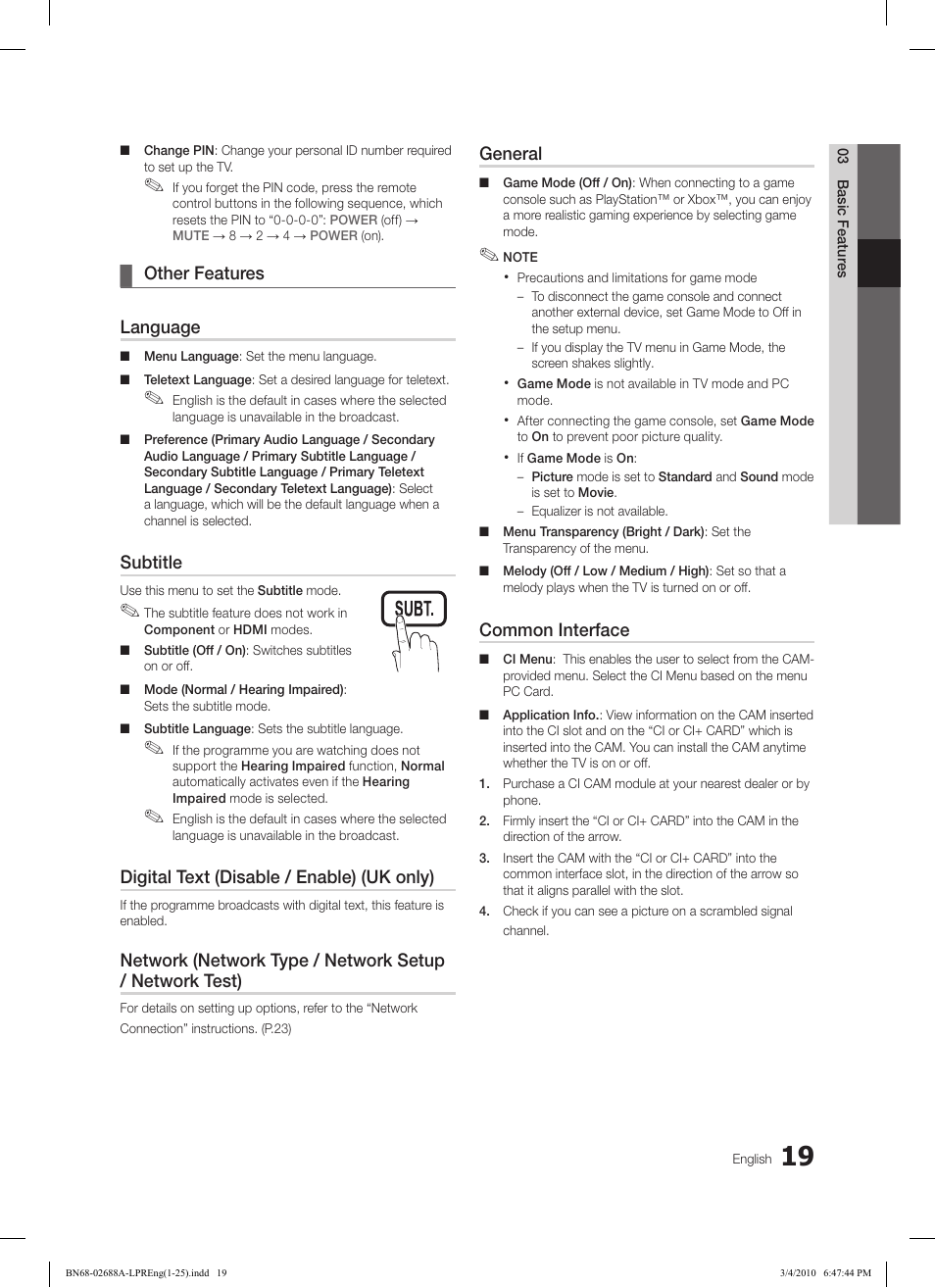 Other features ¦ language, Subtitle, Digital text (disable / enable) (uk only) | General, Common interface | Samsung LE37C550J1W User Manual | Page 19 / 194