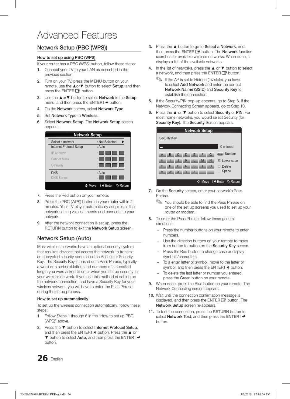 Advanced features, Network setup (pbc (wps)), Network setup (auto) | Samsung LE37C550J1W User Manual | Page 26 / 194
