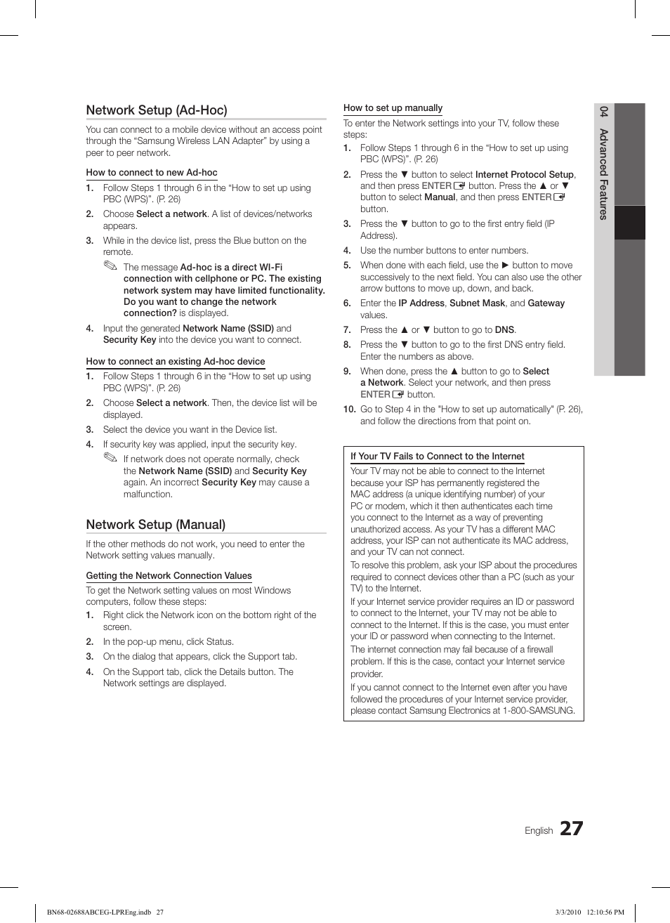 Network setup (ad-hoc), Network setup (manual) | Samsung LE37C550J1W User Manual | Page 27 / 194