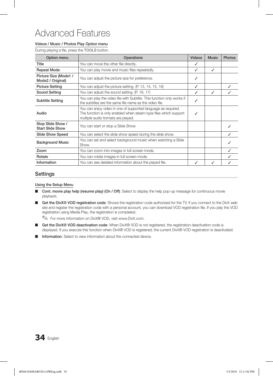 Advanced features, Settings | Samsung LE37C550J1W User Manual | Page 34 / 194