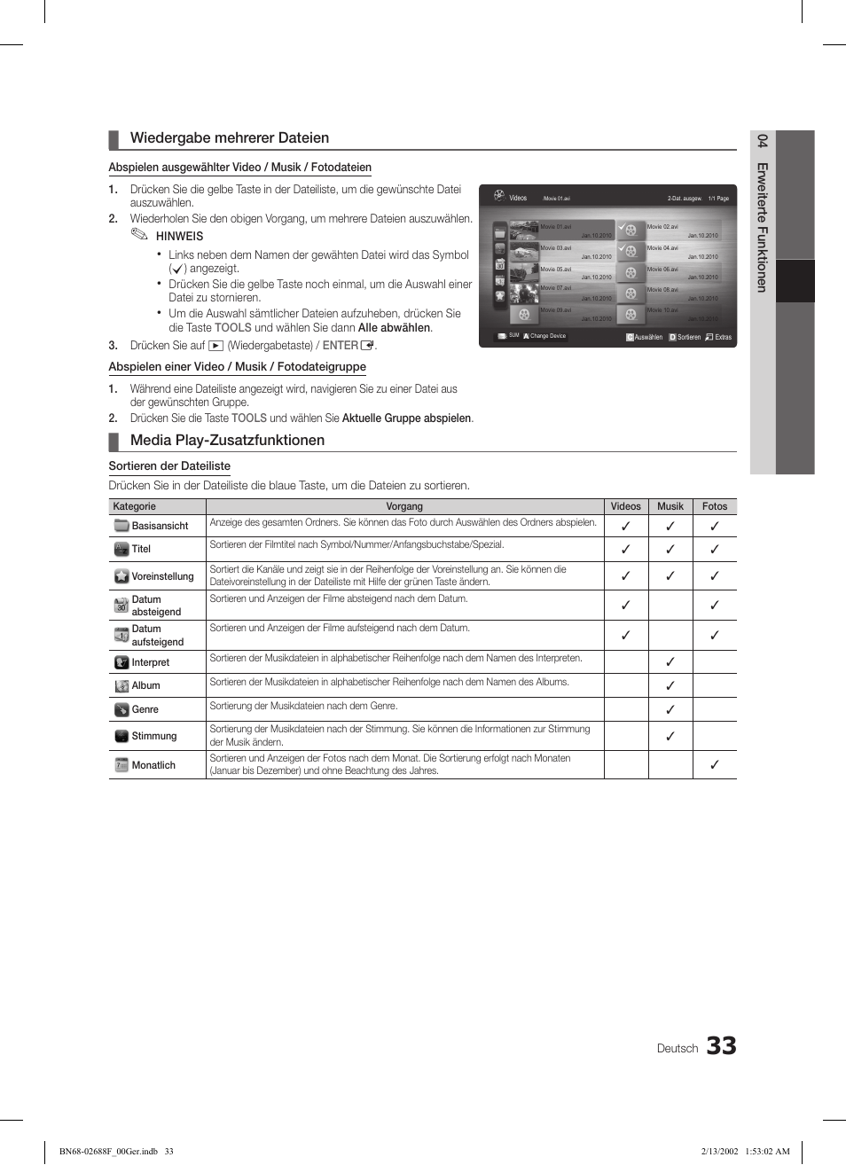 Wiedergabe mehrerer dateien, Media play-zusatzfunktionen | Samsung LE37C550J1W User Manual | Page 81 / 194