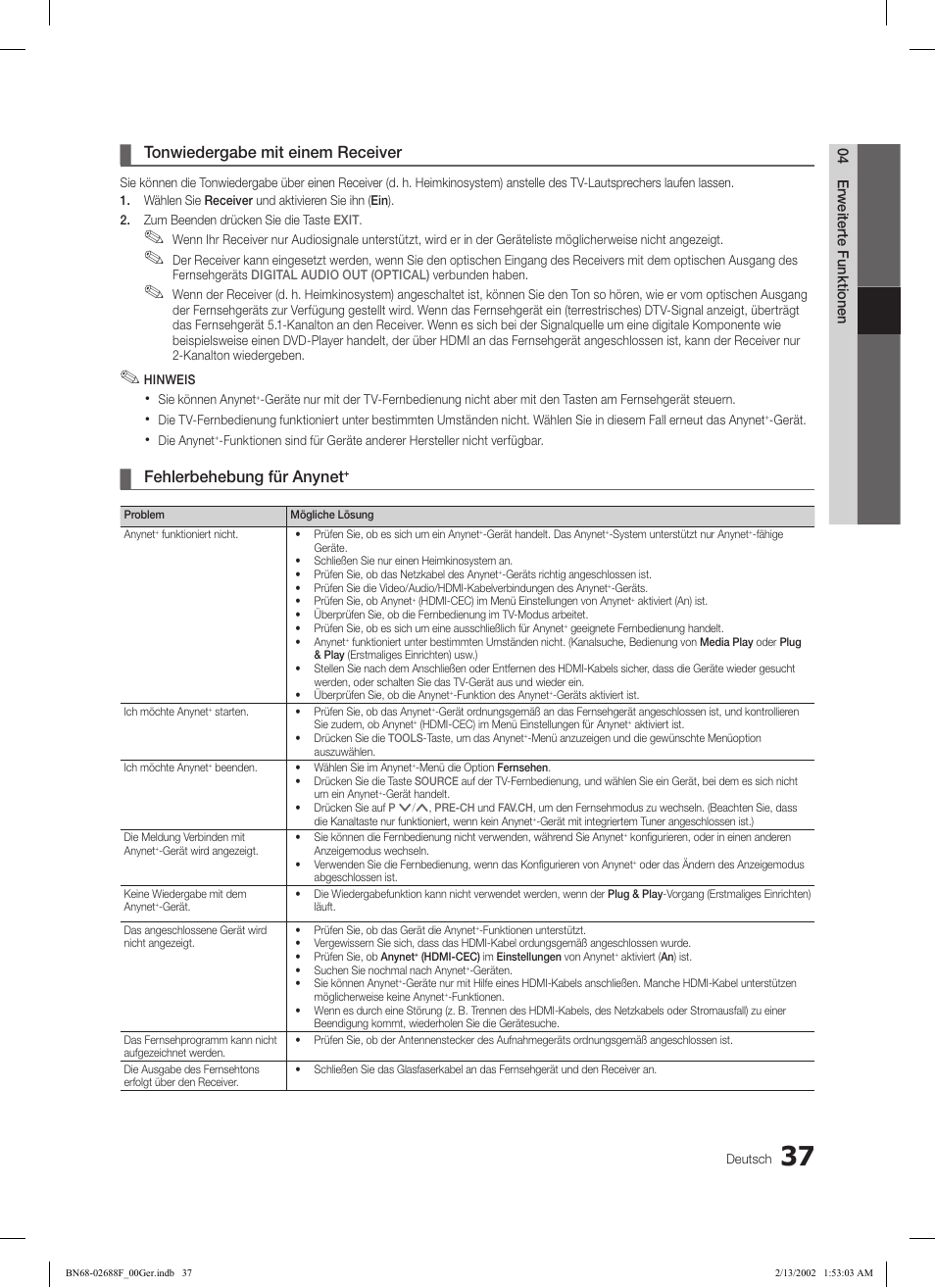Tonwiedergabe mit einem receiver, Fehlerbehebung für anynet, 04 erweiterte funktionen | Samsung LE37C550J1W User Manual | Page 85 / 194