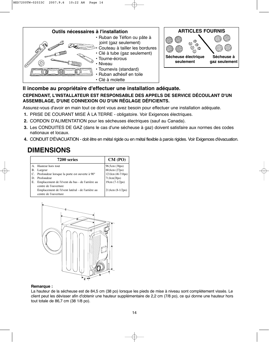Dimensions | Amana Automatic Dryer User Manual | Page 14 / 37