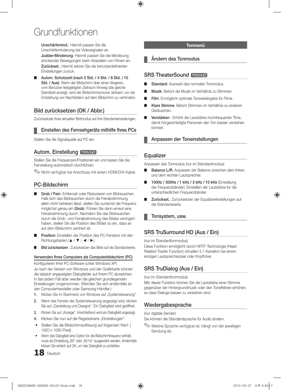 Grundfunktionen, Bild zurücksetzen (ok / abbr.), Autom. einstellung | Pc-bildschirm, Srs theatersound, Equalizer, Srs trusurround hd (aus / ein), Srs trudialog (aus / ein), Wiedergabesprache | Samsung UE32C6600UP User Manual | Page 138 / 181