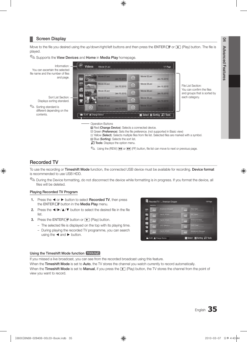 Recorded tv, Screen display | Samsung UE32C6600UP User Manual | Page 35 / 181