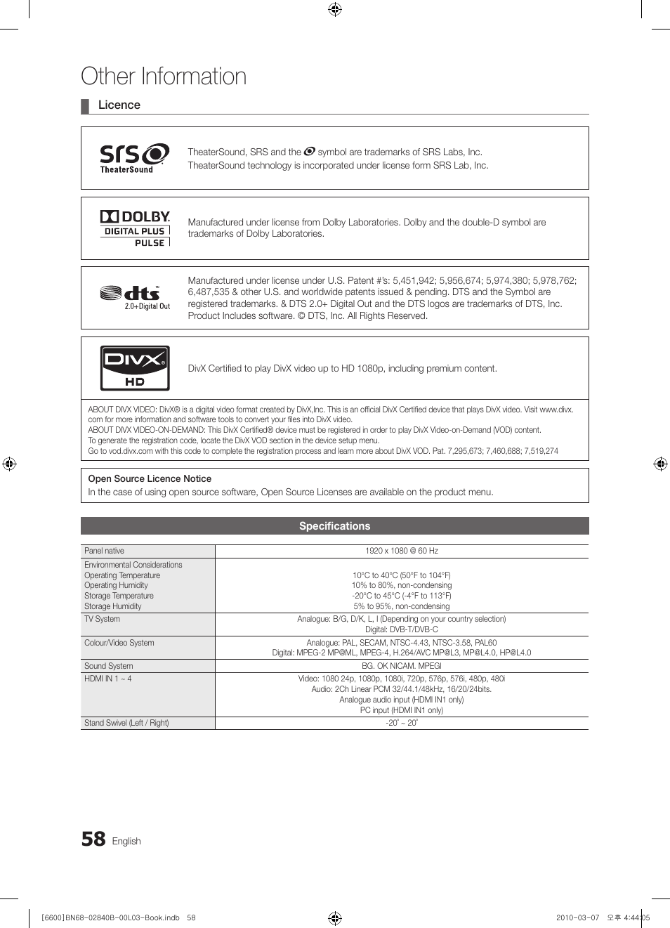Other information, Licence | Samsung UE32C6600UP User Manual | Page 58 / 181