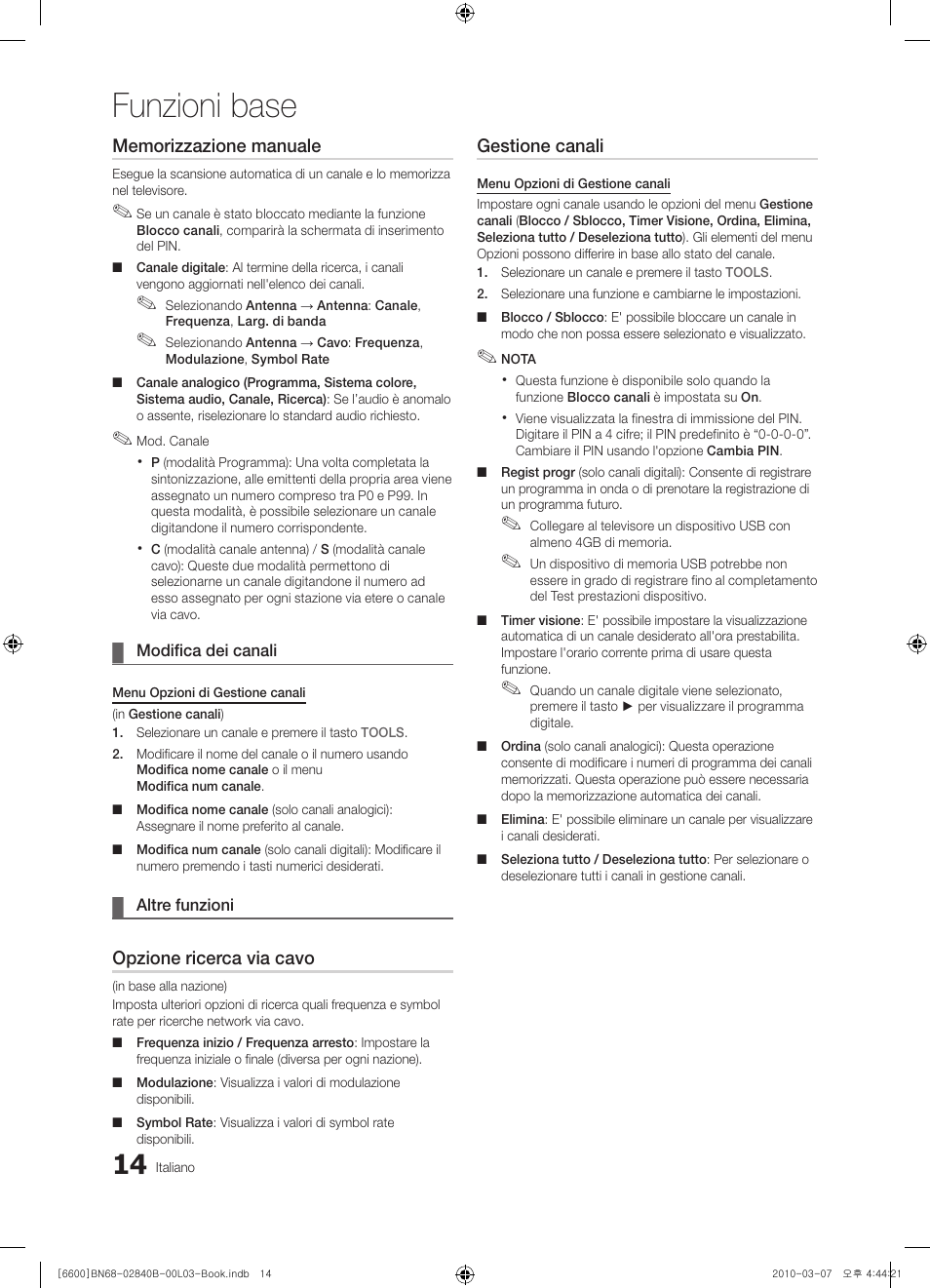 Funzioni base, Opzione ricerca via cavo, Gestione canali | Samsung UE32C6600UP User Manual | Page 74 / 181