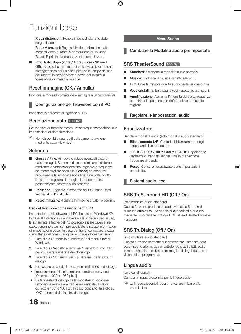 Funzioni base, Reset immagine (ok / annulla), Regolazione auto | Schermo, Srs theatersound, Equalizzatore, Srs trusurround hd (off / on), Srs trudialog (off / on), Lingua audio | Samsung UE32C6600UP User Manual | Page 78 / 181
