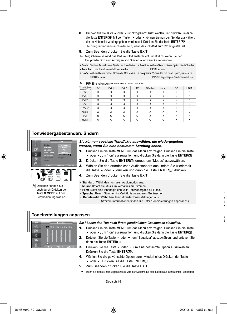 Tonwiedergabestandard ändern, Toneinstellungen anpassen | Samsung LE32S71B User Manual | Page 69 / 187