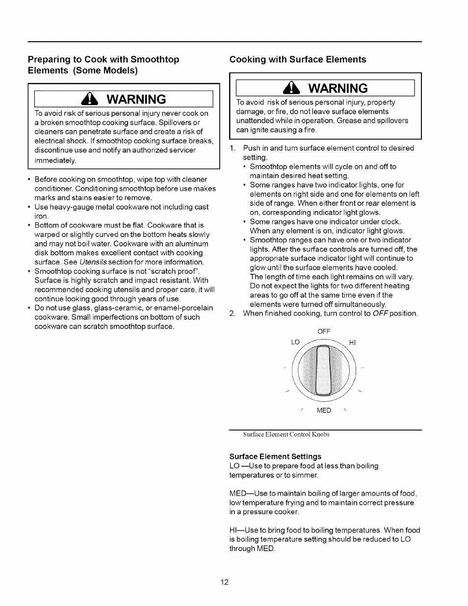 Cooking with surface elements, À warning | Amana ART6002 User Manual | Page 12 / 28