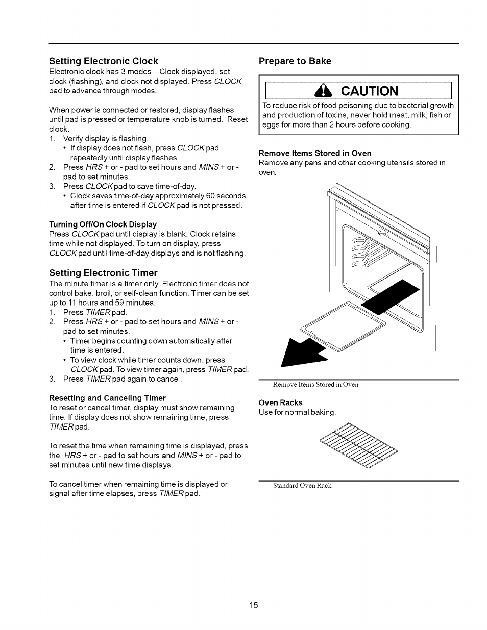 Setting electronic clock, Setting electronic timer, Prepare to bake | Caution | Amana ART6002 User Manual | Page 15 / 28