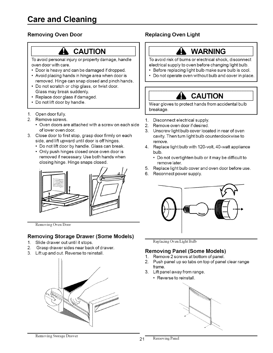 Care and cleaning, Removing oven door, Replacing oven light | À caution, Removing storage drawer (some models), Warning, Removing panel (some models) | Amana ART6002 User Manual | Page 21 / 28