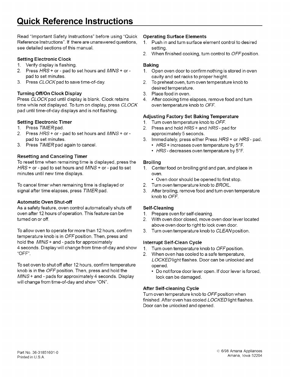 Quick reference instructions | Amana ART6002 User Manual | Page 28 / 28