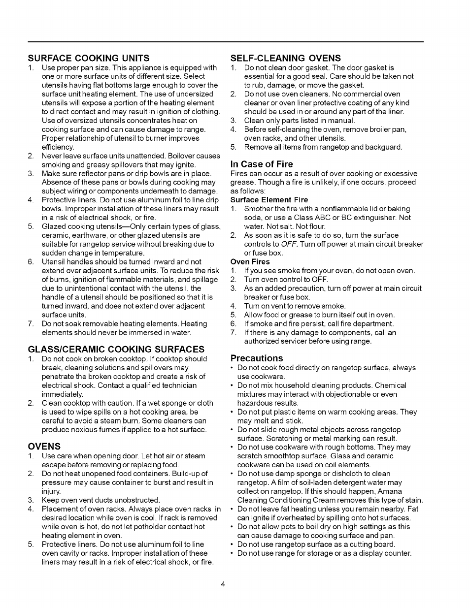 Surface cooking units, Glass/ceramic cooking surfaces, Ovens | Self-cleaning ovens, In case of fire, Precautions | Amana ART6002 User Manual | Page 4 / 28