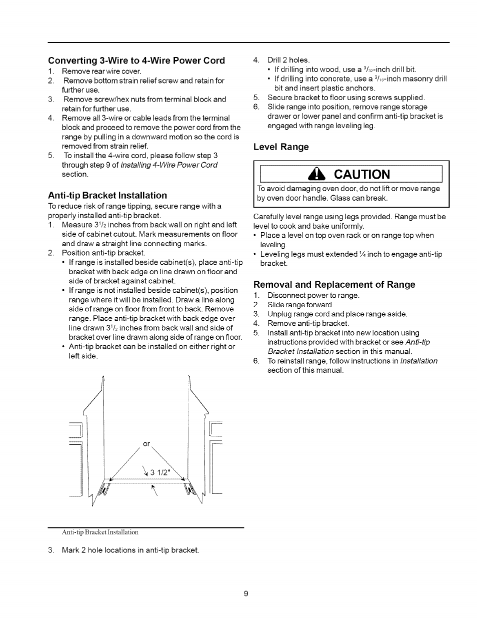 Converting 3-wire to 4-wire power cord, Anti-tip bracket installation, Level range | Removal and replacement of range, Level range removal and replacement of range, À caution | Amana ART6002 User Manual | Page 9 / 28