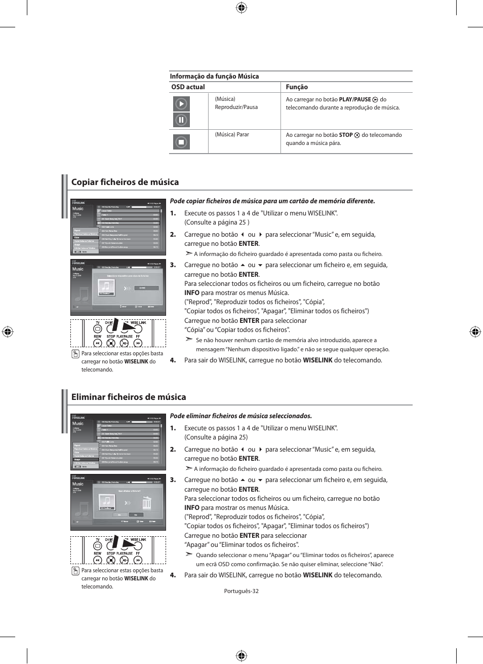 Copiar ficheiros de música, Eliminar ficheiros de música | Samsung LE46F71B User Manual | Page 254 / 312